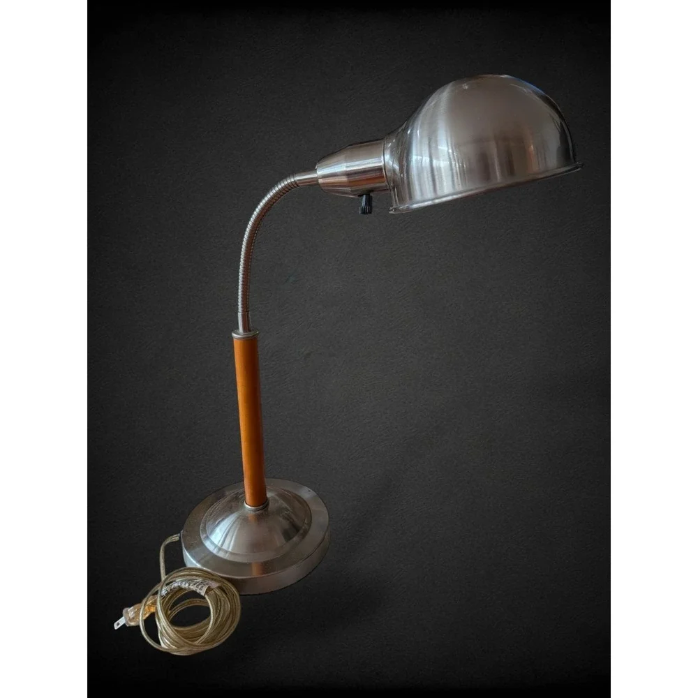 Vintage Mid-Century Gooseneck Desk Lamp – Brushed Nickel & Orange/Wood Tone Stem